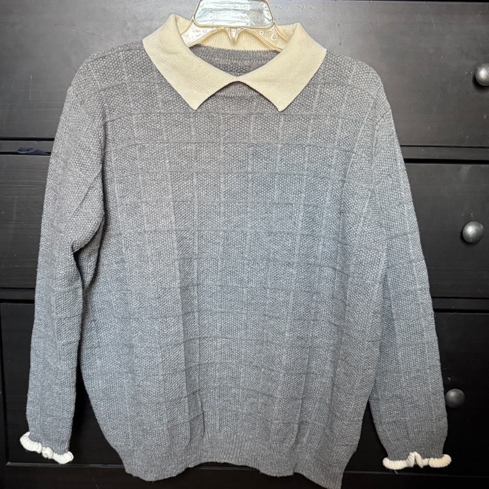 White/Gray Pan Collar Knitted Sweater Casual Pullover Sweatshirt,